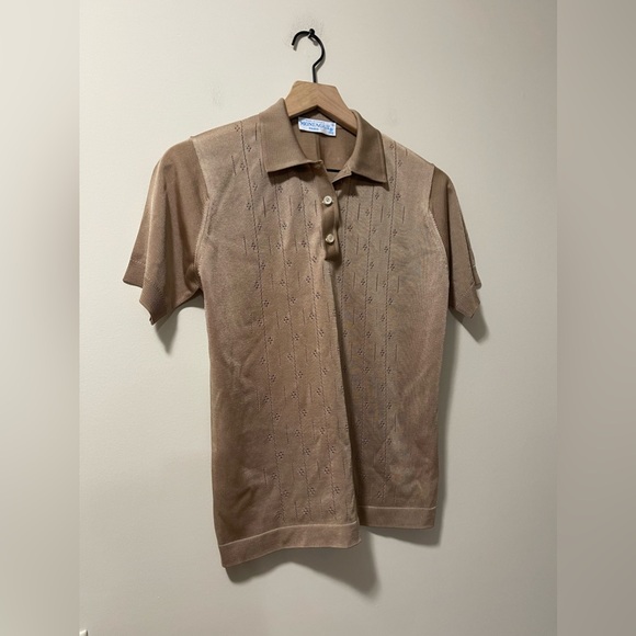 Montagut Paris Taupe Brown Cut-out Mesh Golf Casual Short Sleeve Top Medium - Picture 4 of 8